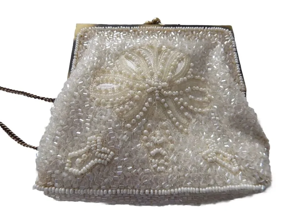 Beaded evening bag shoulder bag cream beads